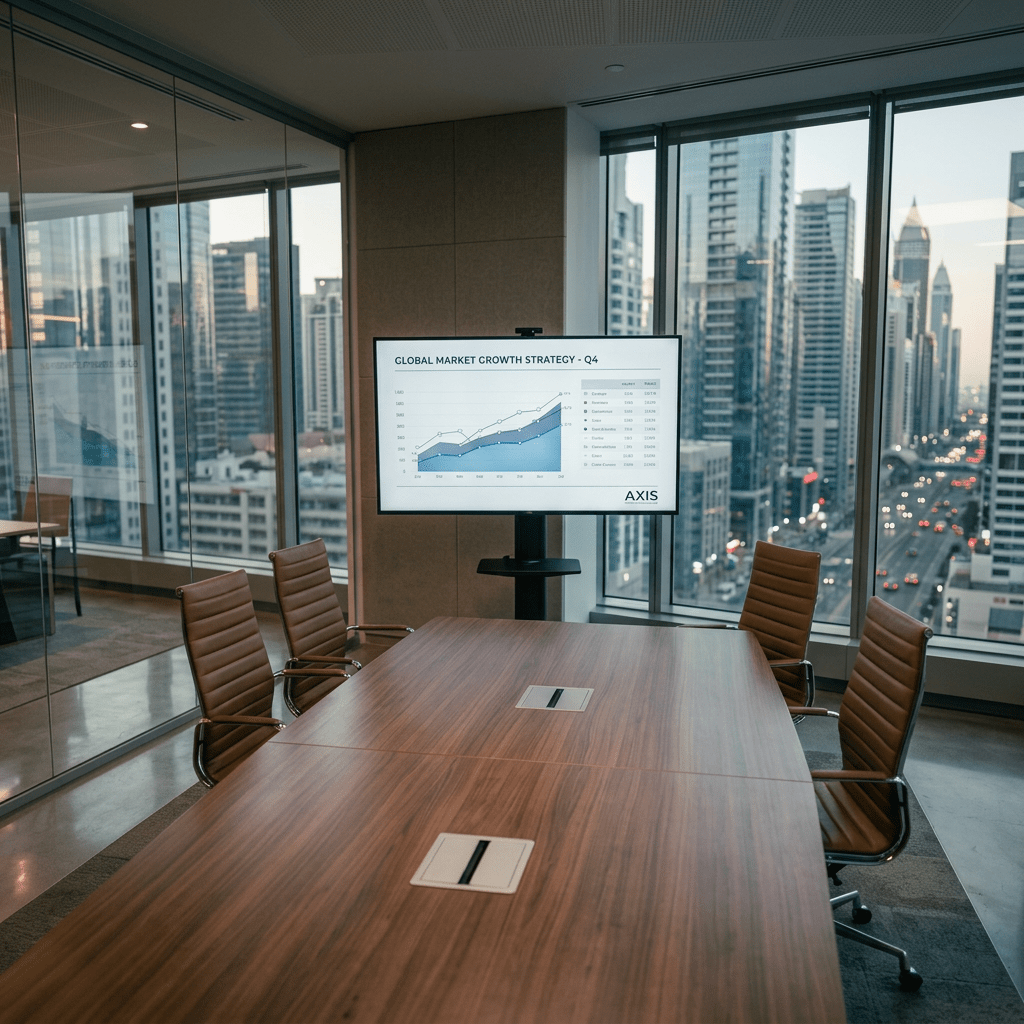 Business team reviewing global market growth strategy on a screen during a meeting