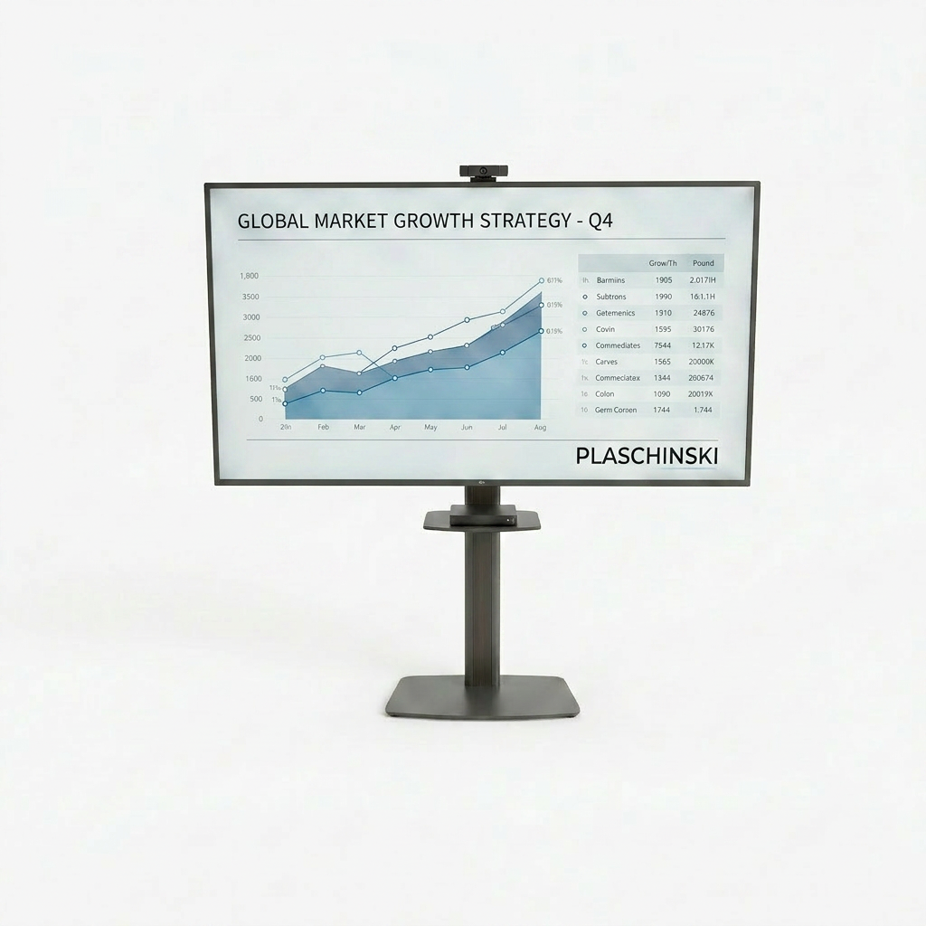 Business team reviewing global market growth strategy on a screen during a meeting